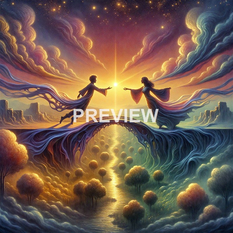 A surreal, colorful scene depicting two figures on a bridge reaching out towards a bright, glowing orb in the sky, with flowing, cloud-like formations and a landscape of trees and water beneath.